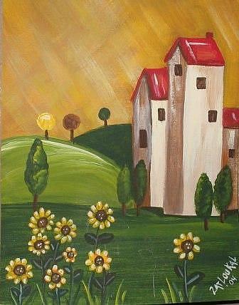 Art: Houses and Sunflowers-SOLD by Artist Charlene Murray Zatloukal