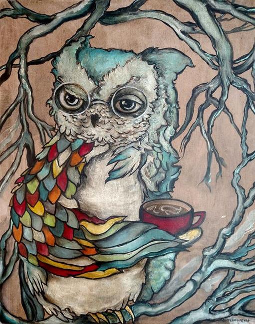 Art: Owl and His Coffee by Artist Chris Jeanguenat