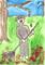 Art: Sock Monkey Raking Leaves by Artist Nancy Denommee   