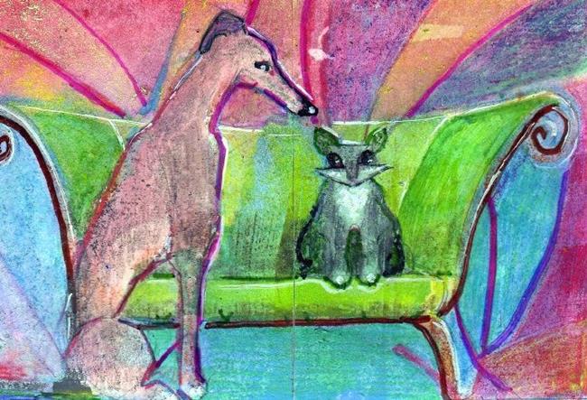 Art: Orig ACEO Greyhound & Cat, Sofa by Artist Judith A Brody
