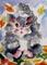 Art: Fat Gray Cat in Leaves Aceo-sold by Artist Delilah Smith