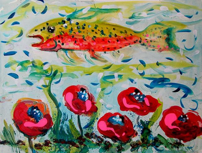 Art: Trout and Poppies-SOLD by Artist Delilah Smith