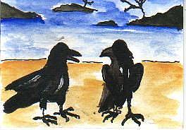 Art: Two Crows on Shore SOLD by Artist Nancy Denommee   