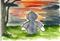 Art: Sock Monkey Watches the Sunset by Artist Nancy Denommee   