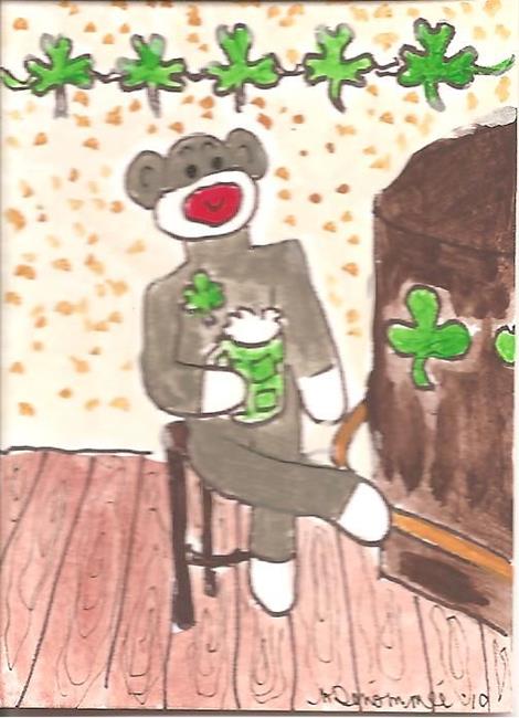 Art: Sock Monkey Drinks Green Beer by Artist Nancy Denommee   