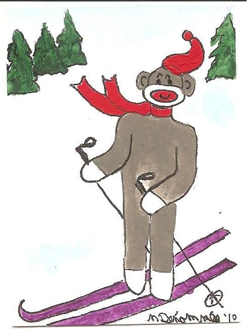 Art: Sock Monkey Goes Cross-Country Skiing by Artist Nancy Denommee   