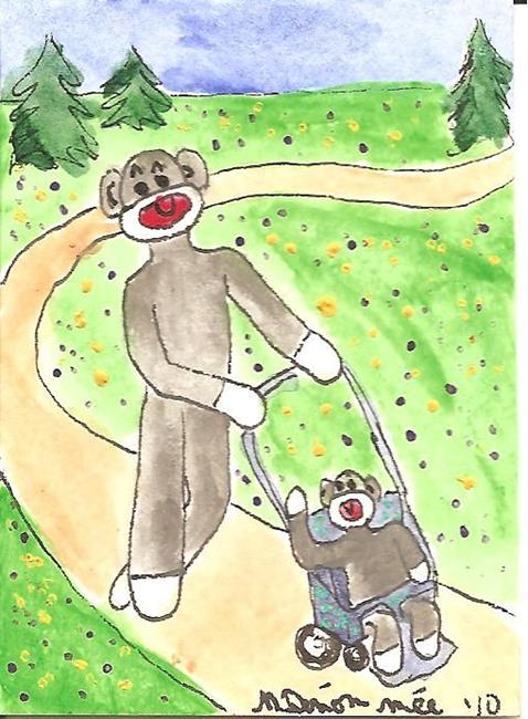 Art: Sock Monkey Walks the Baby by Artist Nancy Denommee   