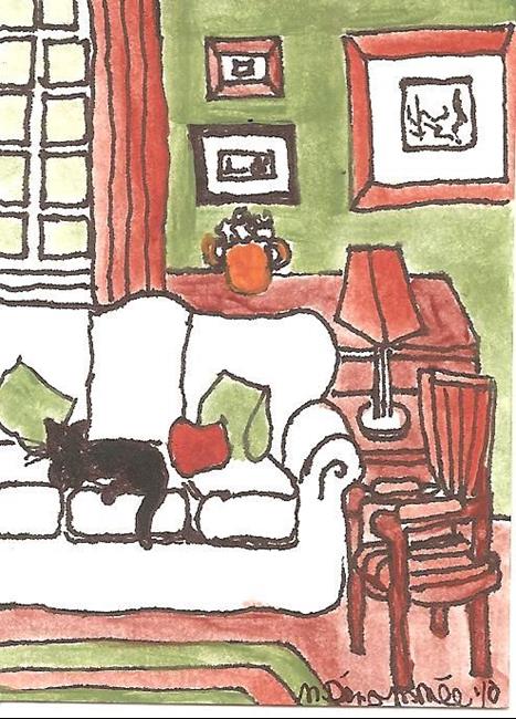 Art: Black Cat on White Sofa SOLD by Artist Nancy Denommee   