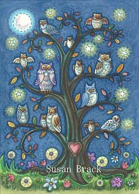 Art: BIRDS OF A FEATHER HOOT TOGETHER by Artist Susan Brack