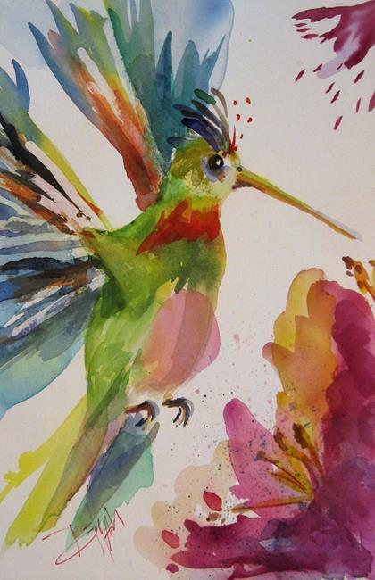 Art: Hummingbird and Purple Flowers by Artist Delilah Smith
