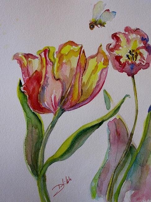 Art: Tulips and Bee by Artist Delilah Smith