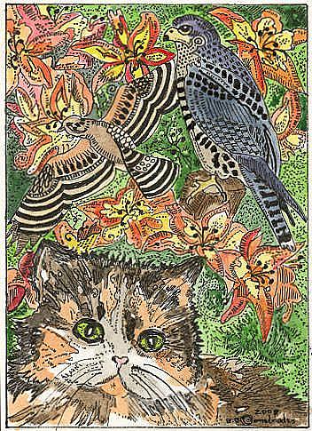 Art: CALICO CAT AND BIRDS by Artist Theodora Demetriades