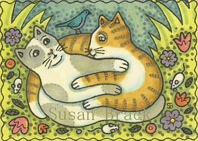 Art: BLUEBIRD AND FOLK ART FELINES by Artist Susan Brack