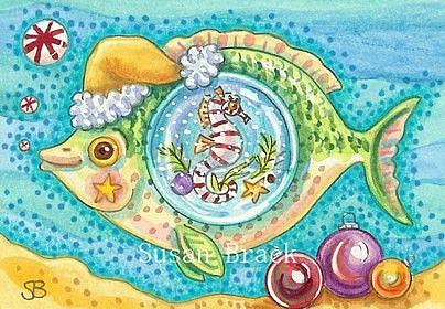 Art: CANDY CANE SEAHORSE AND PEPPERMINT BUBBLES by Artist Susan Brack