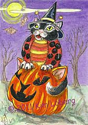 Art: Cat O Lantern Pumpkin & the Witch's Black Cat as a Cat A Bug - SOLD by Artist Kim Loberg