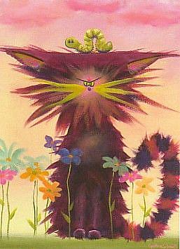 Art: Cranky Cat With Inchworm by Artist Cynthia Schmidt
