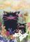 Art: 2 Black Cranky Cats in Garden by Artist Cynthia Schmidt