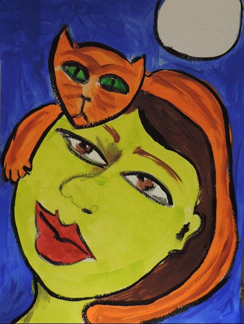 Art: woman and cat under the moon by Artist Nancy Denommee   
