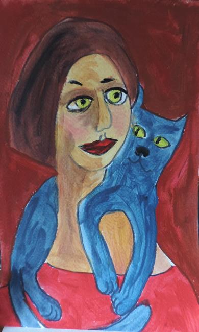 Art: woman with blue cat by Artist Nancy Denommee   