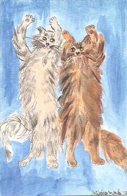 Art: maine coons dancing in the street by Artist Nancy Denommee   