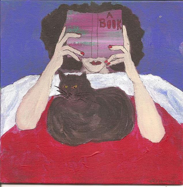 Art: Reading a Book in Bed With My Cat SOLD by Artist Nancy Denommee   