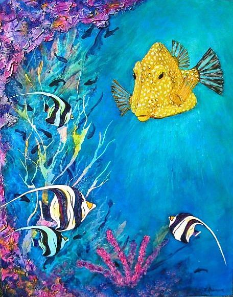 Art: Coral Reef Yellow Box Fish 24x30 (M) by Artist Ke Robinson