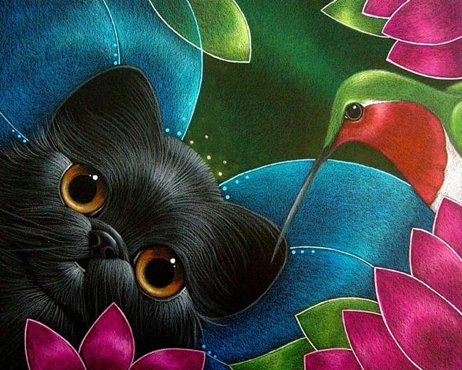 Art: FAIRY KITTEN CAT WITH HUMMINGBIRD by Artist Cyra R. Cancel