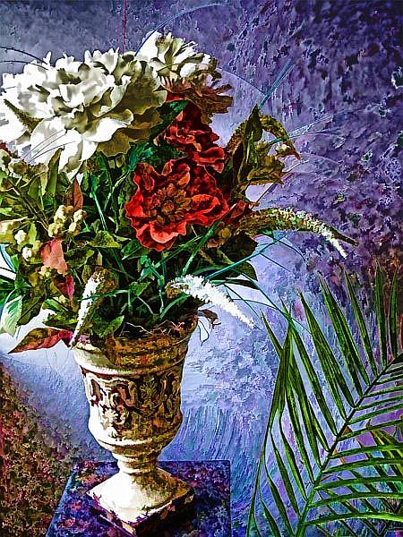 Art: Mixed Flowers with Vase in a Blue Room by Artist Carolyn Schiffhouer