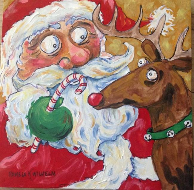 Art: Candy Cane Santa and Rudolph Christmas Whimsical by Artist Pamela K Wilhelm