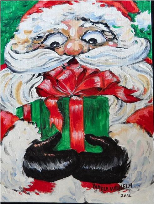 Art: Happy Christmas Santa with wrapped gift by Artist Pamela K Wilhelm
