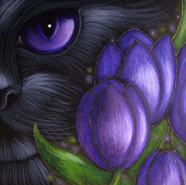 Art: BLACK CAT VIOLET TULIP FLOWERS by Artist Cyra R. Cancel