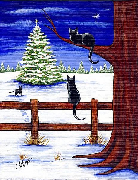 Art: Three Barn Cats and a Christmas Tree Painting by Artist Lisa M. Nelson