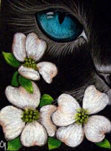 Detail Image for art Cat Behind the Dogwood Flowers