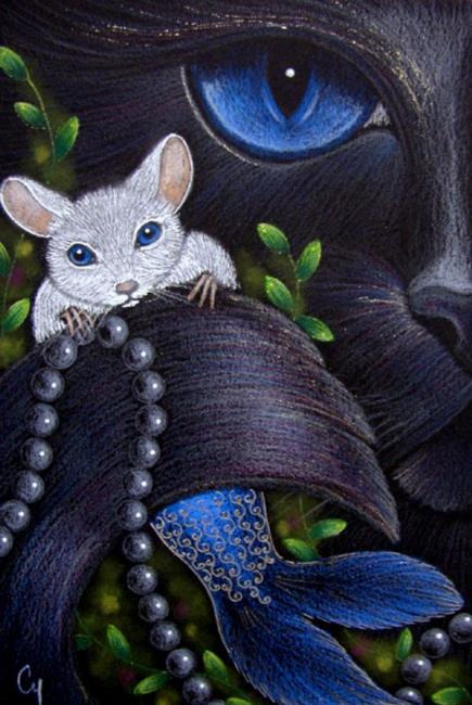 Art: BLACK CAT MERCAT - MERMAID MOUSE WITH PEARLS by Artist Cyra R. Cancel