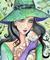 Art: green witch and orange tabby close up by Artist Molly Harrison