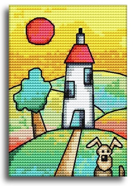 Art: Tall House & Dog X-Stitch by Artist Amanda Hone