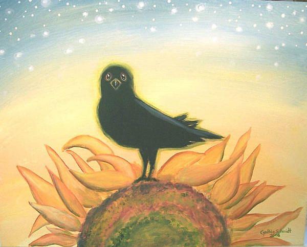 Art: Crow on Sunflower by Artist Cynthia Schmidt