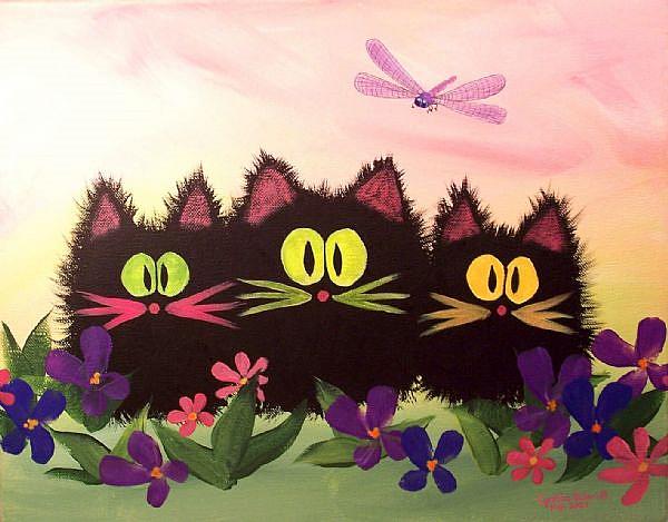 Art: 3 Scaredy Cats and Dragonfly by Artist Cynthia Schmidt