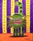 Art: Green Cranky Cat with Wallpaper by Artist Cynthia Schmidt