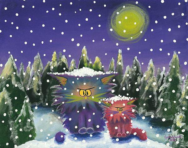 Art: 2 Cranky Cats in SnowStorm by Artist Cynthia Schmidt