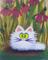Art: White Cat & Purple Coneflowers by Artist Cynthia Schmidt