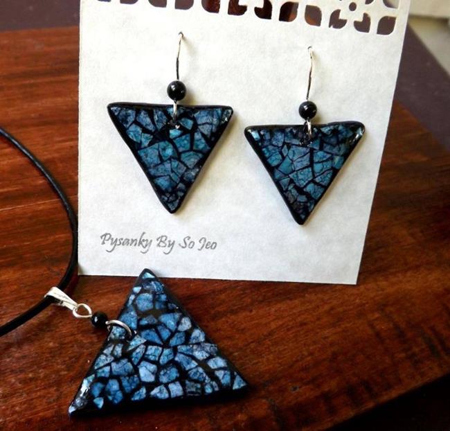 Art: Blue Triangle Eggshell Mosaic Earrings Pendant by Artist So Jeo LeBlond