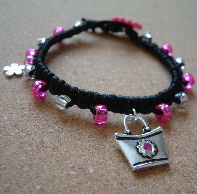 Art: Black Macrame Bracelet with Pink and Silver Beads - SOLD by Artist Jane Gould