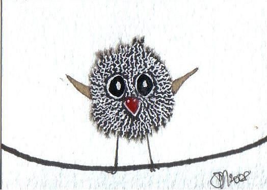 Art: BABY BIRD ON A WIRE Aceo by Artist Dawn Barker