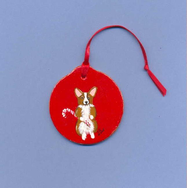 Art: Red Candy Cane Corgi Ornament by Artist Cathy Santarsiero