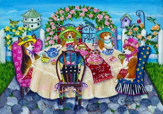 Tea In The Rose Garden - by Cathy Santarsiero from Cartoon Illustrative  Work Art Gallery