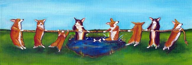 Art: A Corgi Tug O'War by Artist Cathy Santarsiero