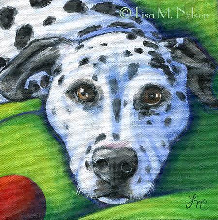 Art: Dalmatian Dog and Red Ball Painting by Artist Lisa M. Nelson