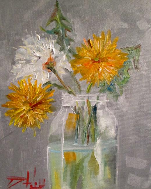 Art: Fruit Jar of Dandelions by Artist Delilah Smith