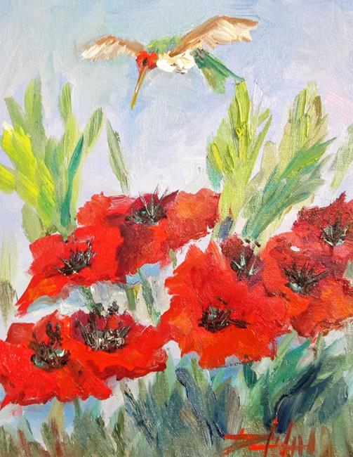 Art: Poppies and Hummingbird by Artist Delilah Smith